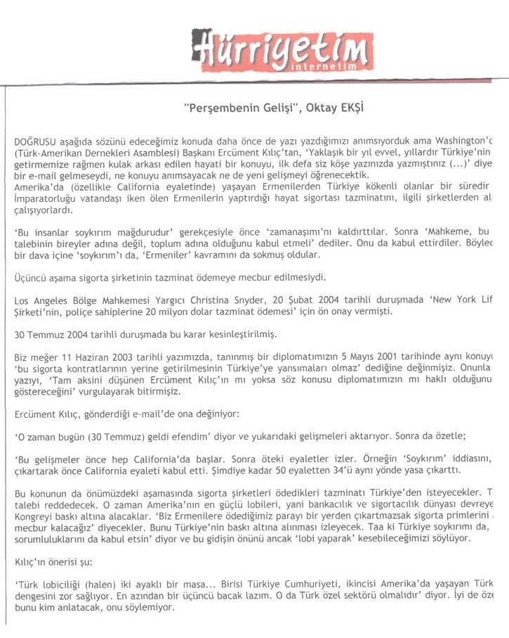 Başyazar Oktay Ekşİ Ercüment Kılıç Perşembenin Gelisi Ermeni tazminatları6