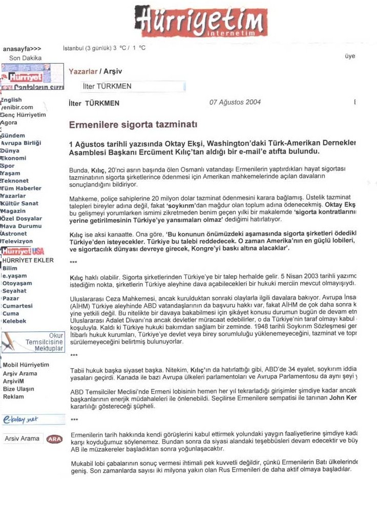 Büyükelçi İlter Türkmen’in Ercüment Kılıç’ın Ermeni sigortaları iddiası hakkında yazısı