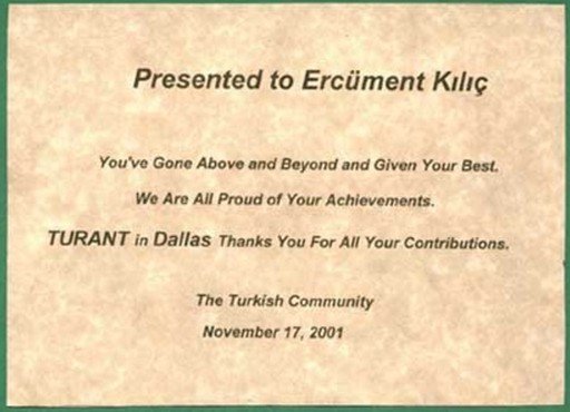 Dallas TURANT Derneği Hizmet Teşekkürü