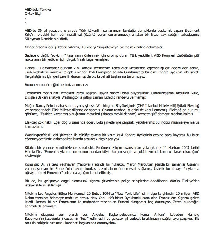 Hürriyet Başyazarı Oktay Ekşi’nin Ercüment Kılıç yazısı