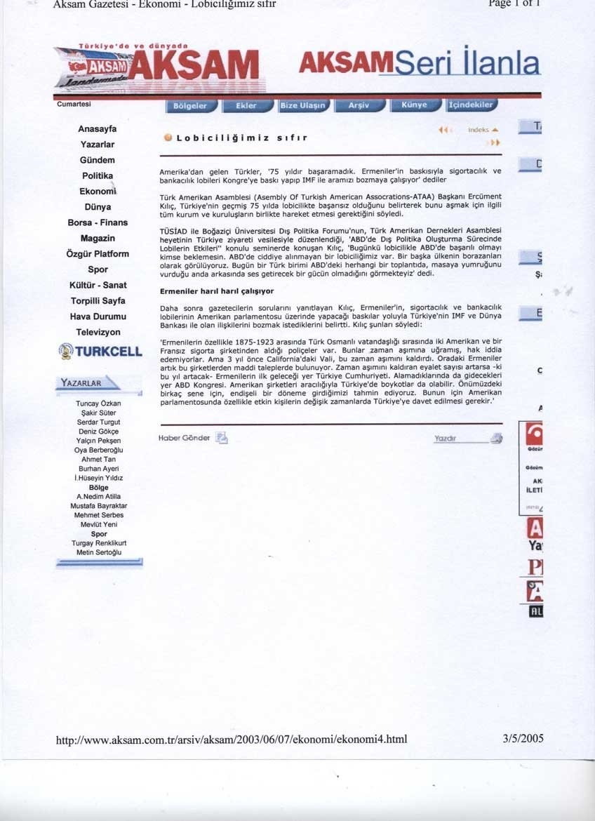 Kılıç Türkiye’yi Ermeni Sigorta Oyunları Konusunda Uyardı